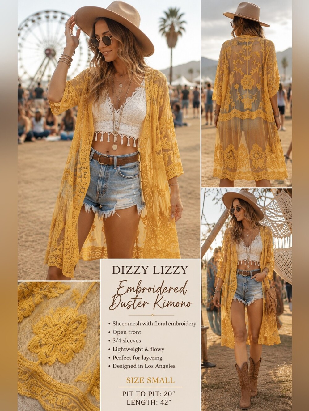 Dizzy Lizzy Mustard Yellow Floral Embroidered Mesh Lace Duster Kimono Cover Up